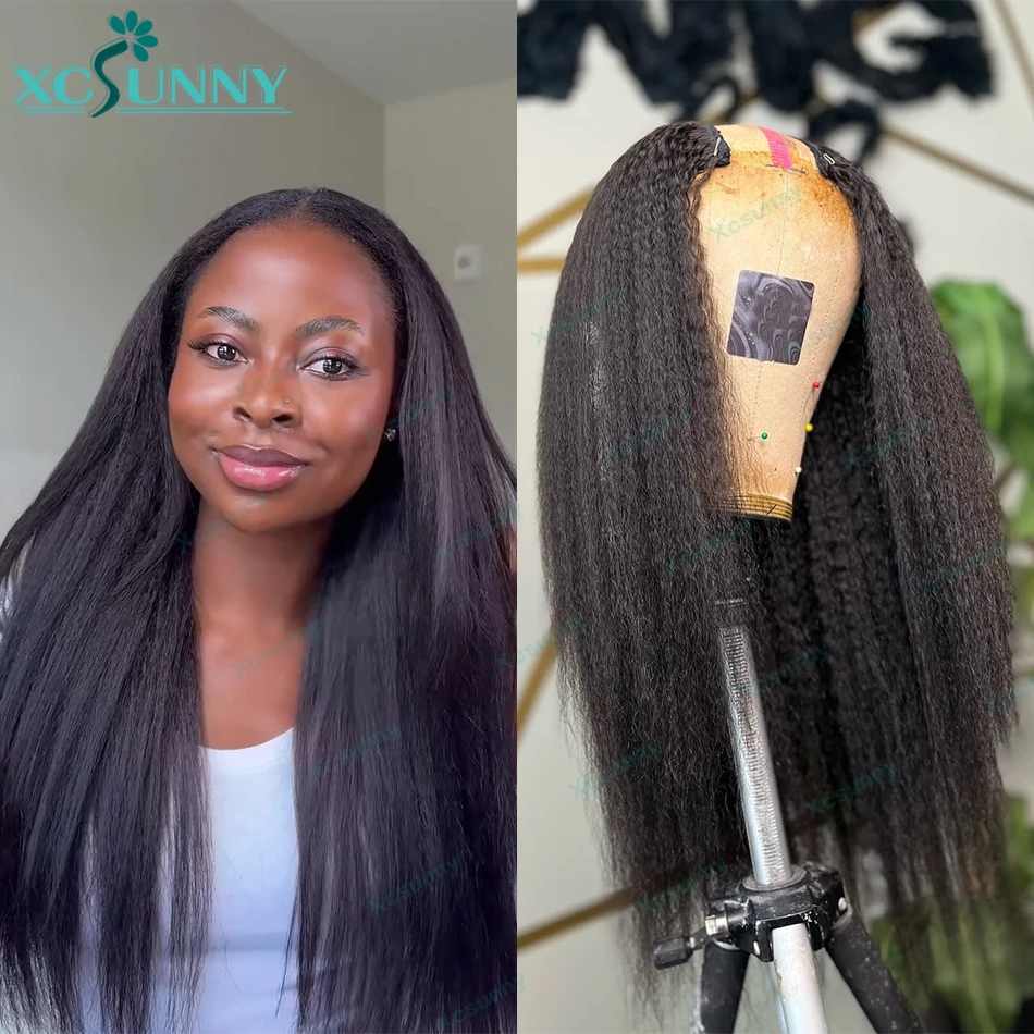 Kinky Straight V Part Natural Color Remy Human Hair Wigs No Leave Out Machine Made Upgrade Glueless Hair Wigs 3