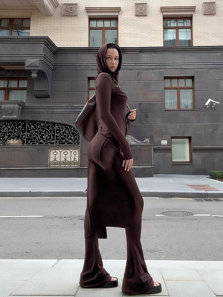 Nibber Fashion Autumn New Style 2Piece Set Woman Hooded Full Sleeve Splits Long Dresses+High Waist Flare Pants High Street Suits