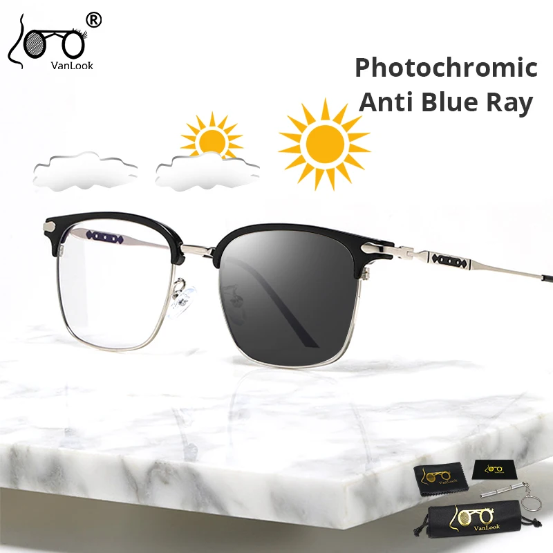 

Photochromic Sunglasses Men Anti Blue Ray Computer Glasses Women Square TR90 Metal Spectacle Frame Protective UV Chameleon Lens