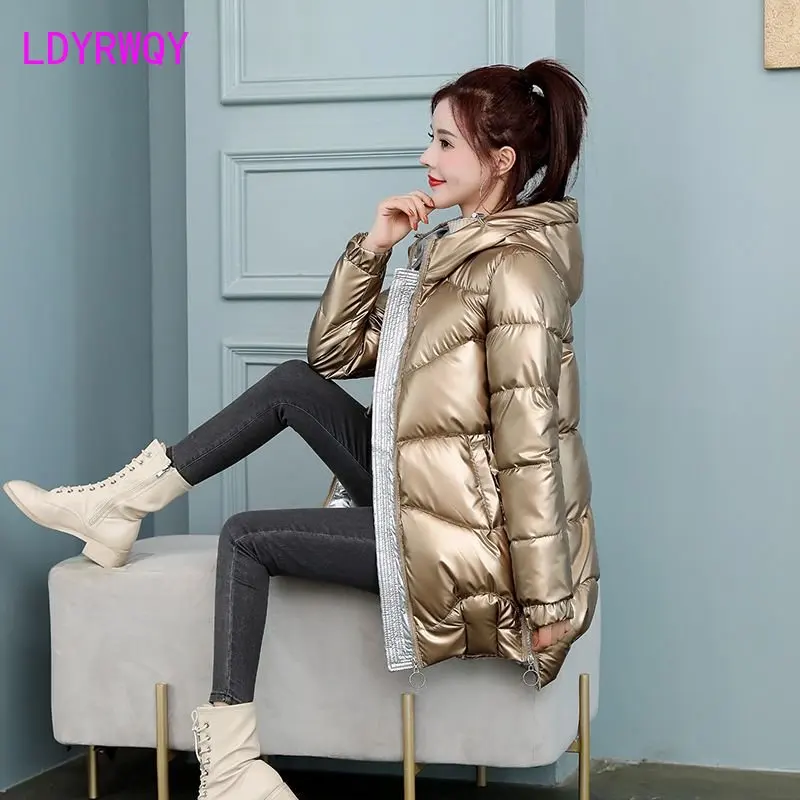 2022 new Korean version of loose fashion wash free bright face cotton jacket women's long down padded winter coat