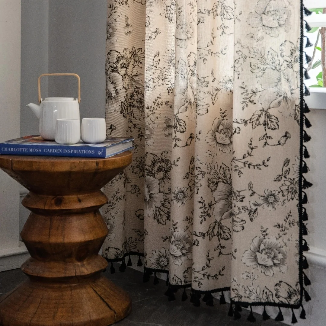 Rose cotton and linen printed semi blackout American style farmhouse wind pole pocket black tassel finished curtain 1PC 5