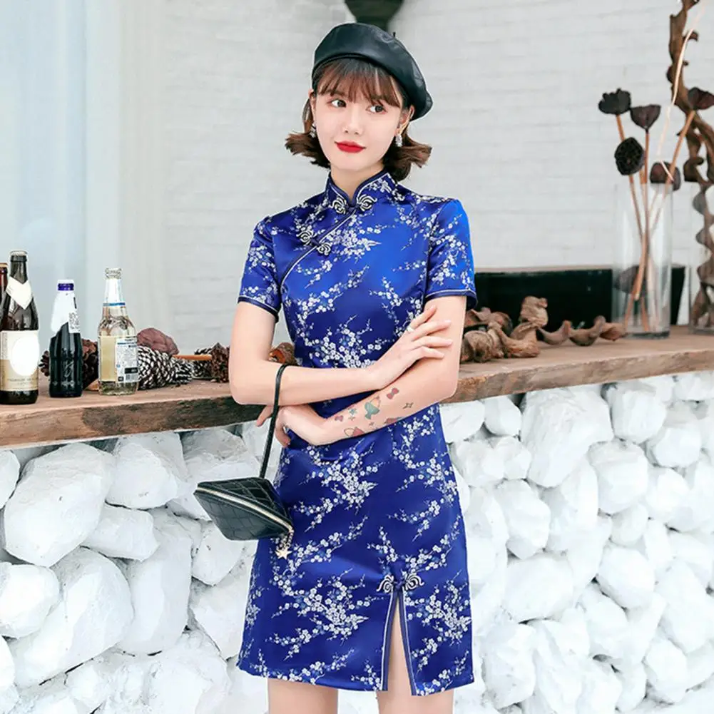 

Mandarin Collar Short Sleeve Disc Buckles Side Split Hip Wrap Lady Cheongsam Elegant Flower Print Chinese Style Qipao Mini Dress