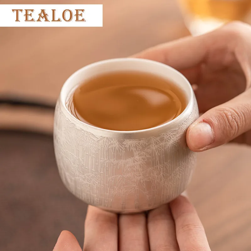 High End 999 Gilded Silver Ceramic TEACUP Green Bamboo Pattern Master Cup Personal Tea Bowl Special Chazhan Teaware Drinking