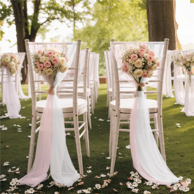 24 Pcs 17x250cm Pink Chiffon Chair Sashes 12 Set Sash Wedding Chair Covers Ribbon Wedding Party Aisle Chair Decor