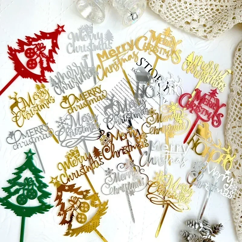 Red Green Gold Acrylic Merry Christmas Cake Topper Tree Decoration Kids Gifts Xmas Dessert