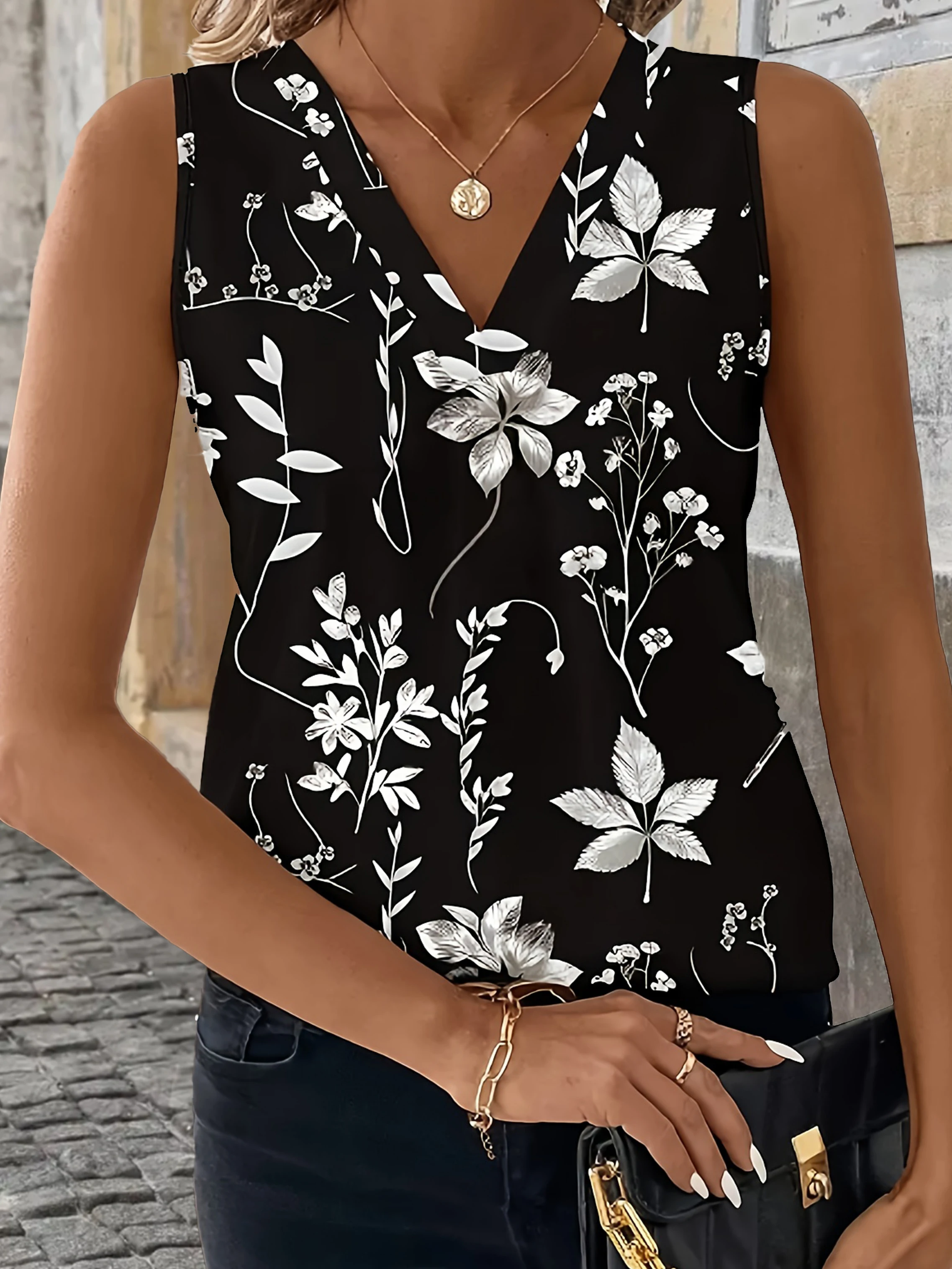 Women's Floral Print V-Neck Comfort Fit Plus Size Tank Top - Elegant Summer Fashion.  1x-5x image