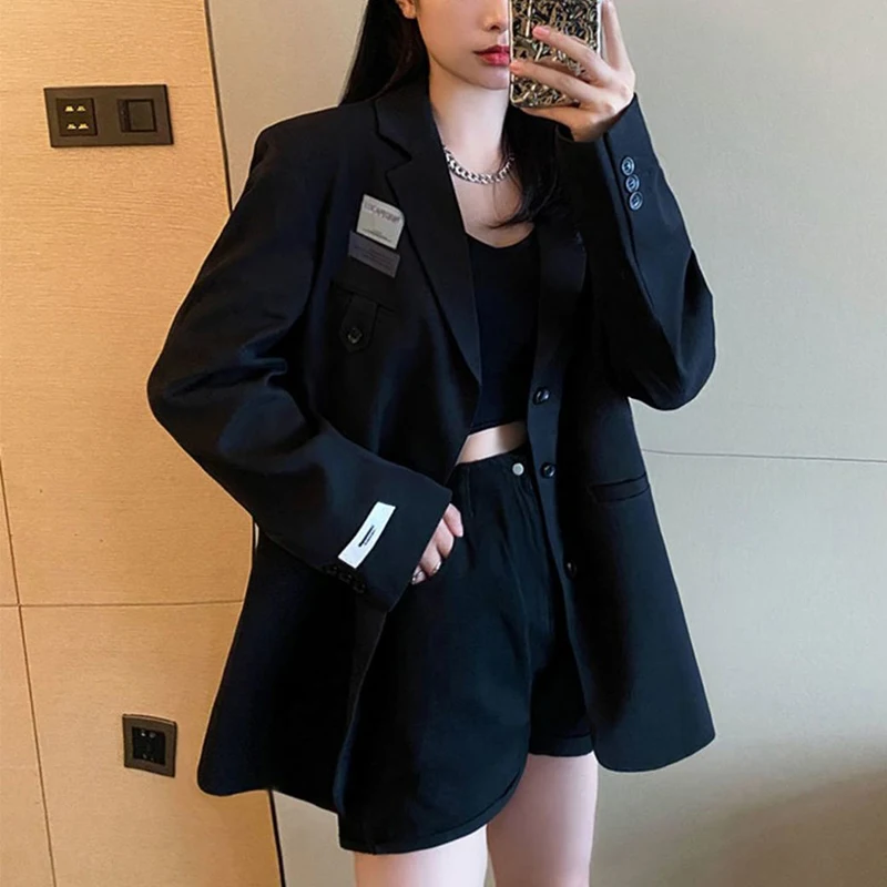 Spring Autumn Office Lady Elegant Fashion Black Blazers Female Loose Casual Simple Suit Top Women's Pocket All-match Coat Jacket