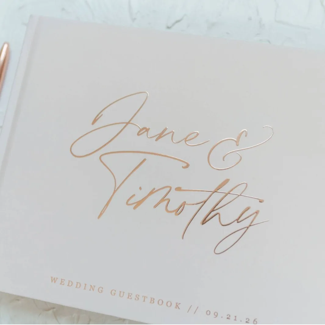 Wedding Guest Book Personalized White/Black Wedding GuestBook Simple Elegant Wedding Reception Signing Book Landscape Foil Chrome Keepsake