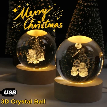 3D Engraved Crystal Ball Christmas Tree Santa Claus Design LED Night Light USB 5V Holiday Decoration for Room Christmas Gifts