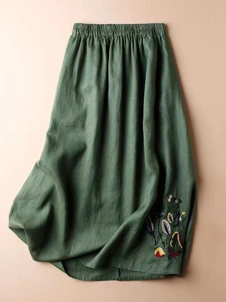Falda de lino y algodón para mujer, falda negra bordada, lisa, informal, holgada, con cintura elástica, larga, 2024