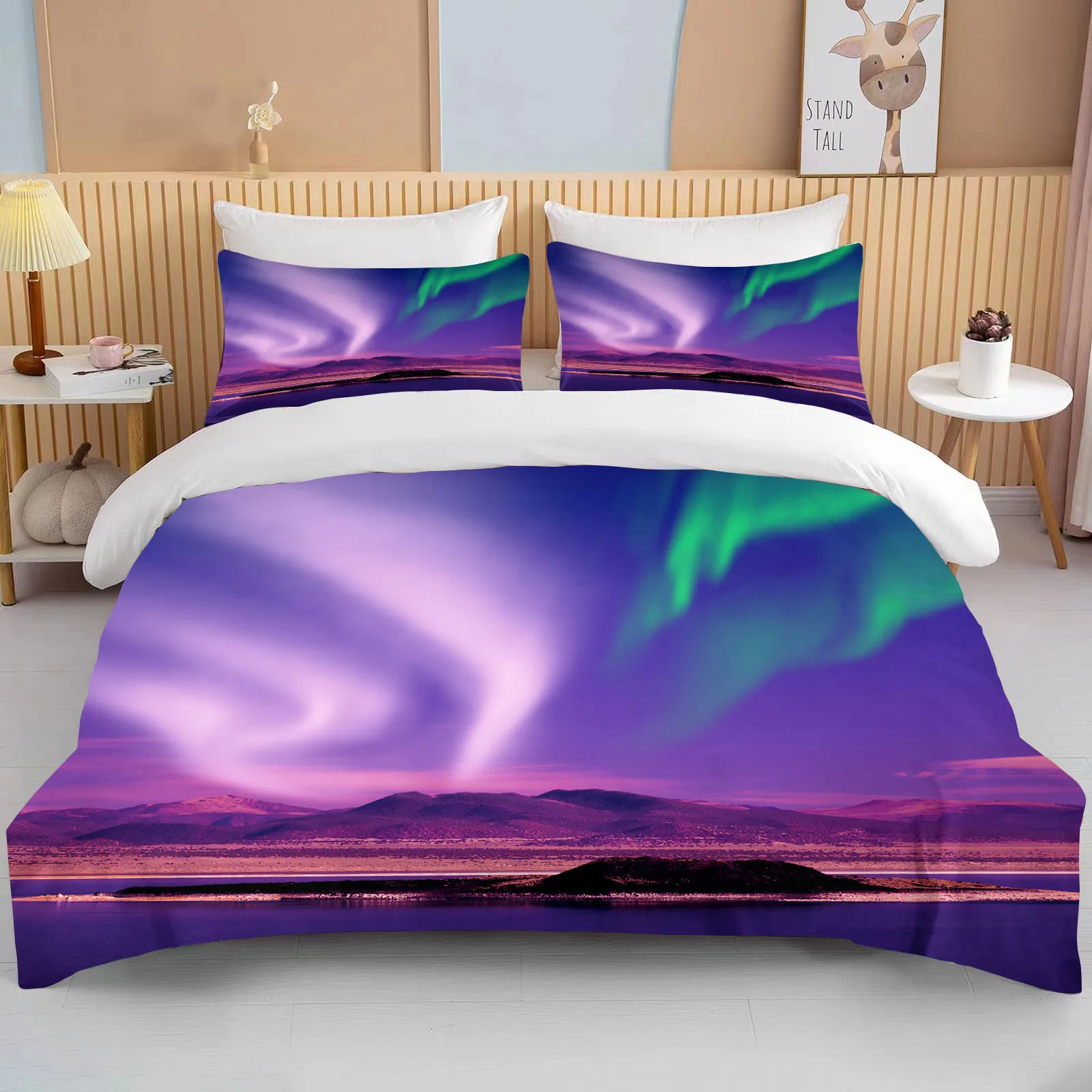 

Galaxy Duvet Cover Set Northern Light Bedding Set for Kids Starry Aurora Comforter Cover Glitter Green Blue Decor Quilt Cover