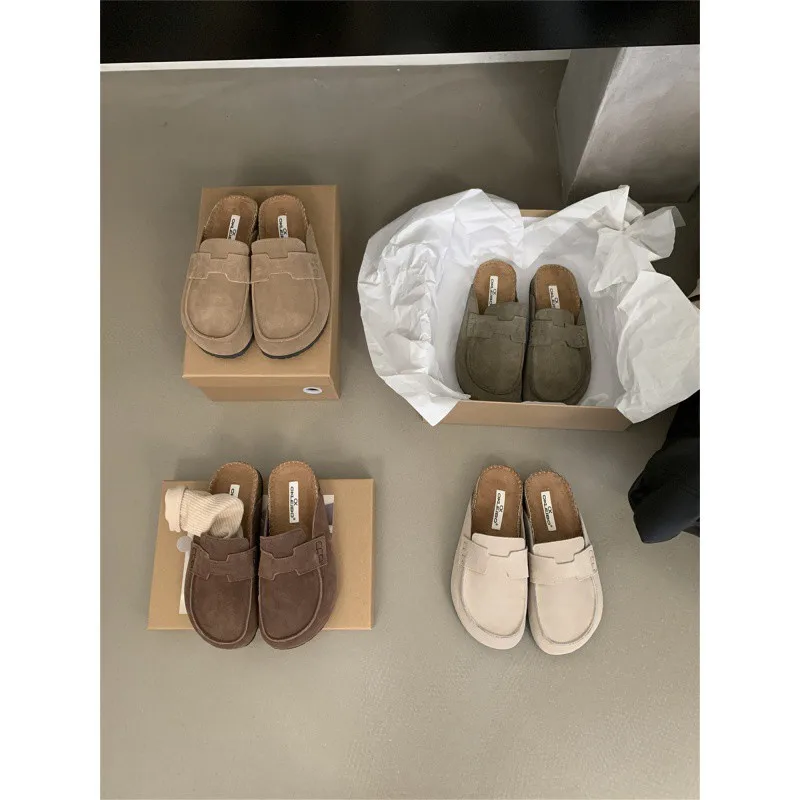 Thick Sole Versatile Bucken Shoes Real Leather Wrap Top Half Slippers Female Outsider Wearing One Step Wearing  Women's Shoes