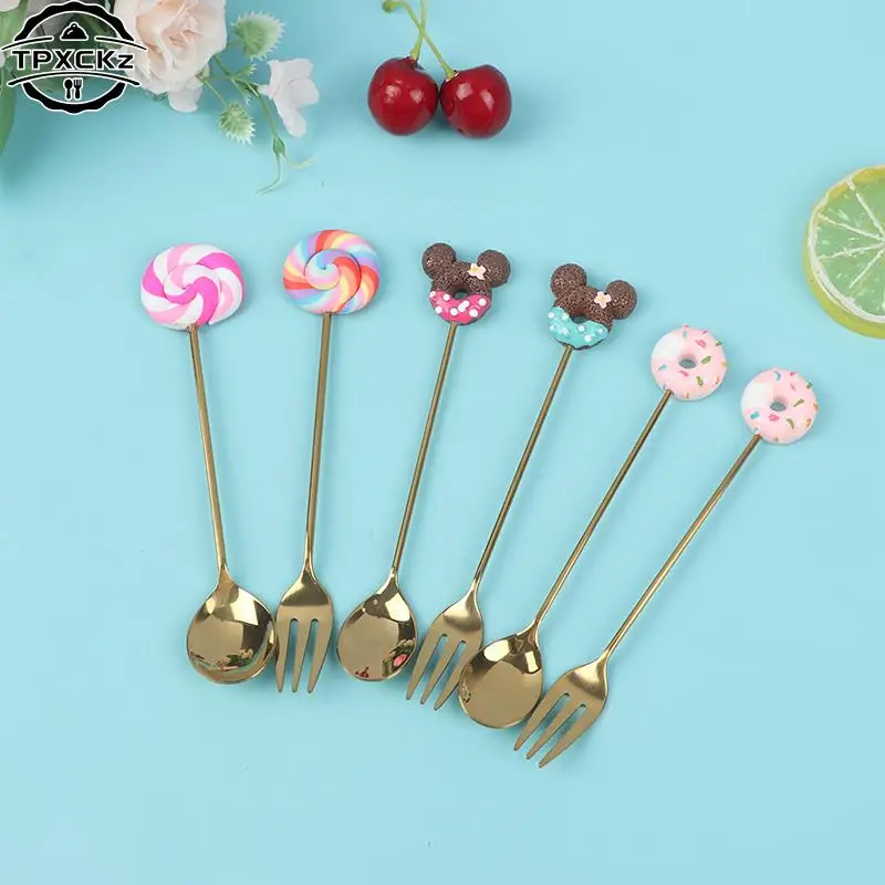4pcs Stainless Steel Donuts Candy Spoon Forks Kitchen Tableware Milk Coffee Stirring Spoons Dessert Cake Tools Cutlery Spoon Set Stainless Steel Spoon Stainless Steel Fork Spoon Set Stainless Steel Spoon Set
