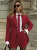 Oymimi Elegant Red Women's Two Pieces Set Fashion Long Sleeve Pockets Tie Button Blazers And High Waisted Simple Shorts Sets 1