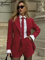 Oymimi Elegant Red Women's Two Pieces Set Fashion Long Sleeve Pockets Tie Button Blazers And High Waisted Simple Shorts Sets 1