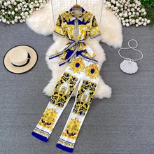 

Fashion women's summer ladies temperament positioning printing shirt short-sleeved 2-piece set high waist pencil pants trousers