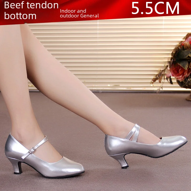 thumbnail image 1 of Zapatos de baile latino para mujer, tacones bajos cuadrados, zapatos de baile moderno, cuero, resistentes a los olores, resistentes al desgaste, absorbentes del sudor, 1 of 5