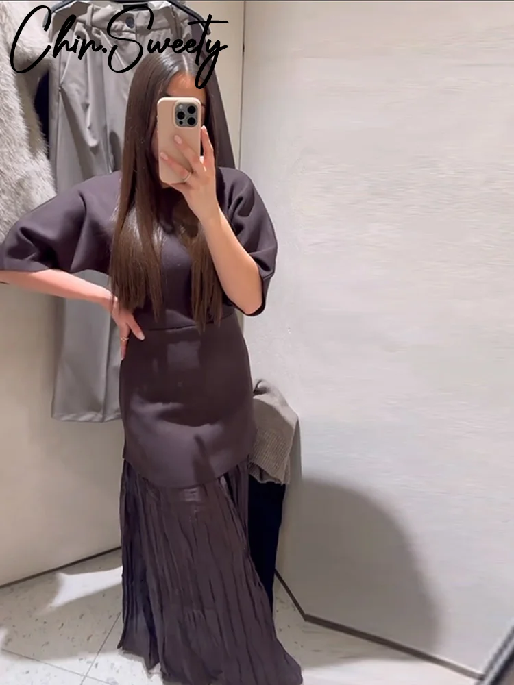 Elegant Patchwork Long Dress Women Slim O-neck Half Sleeve Pleated Party Dresses 2025 Spring Summer Lady Commute Robes 4