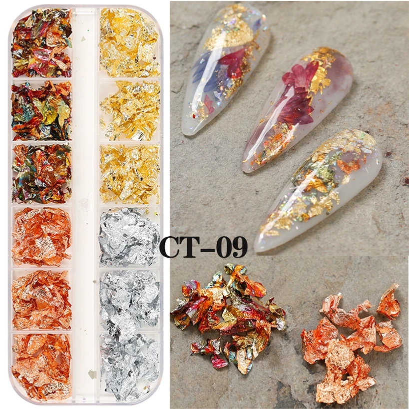 Nail Decoration Nail Decorations Nail Flakes 12 Grids Metallic Holographic Nail Art Colored Gold Foil Paper Flakes Aluminum Nails Decoration Confetti Manicure Supplies Set