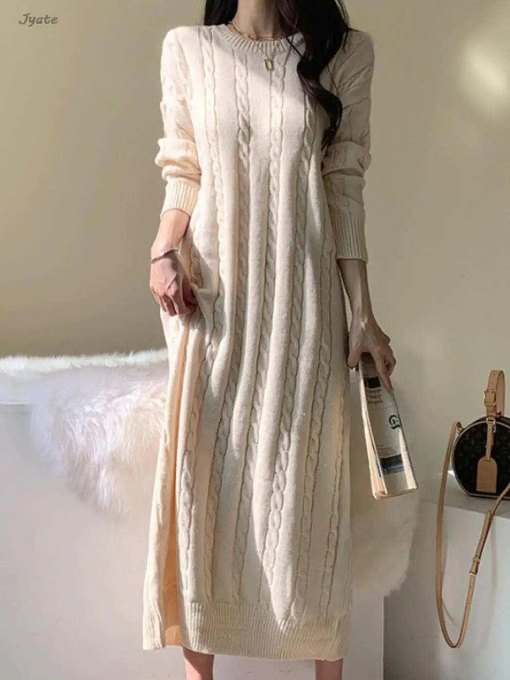 

Korean Chic Autumn And Winter New Round Neck Twist Knitting Loose Thick Warm Solid All-match Long Women Dress Robes 2023 New