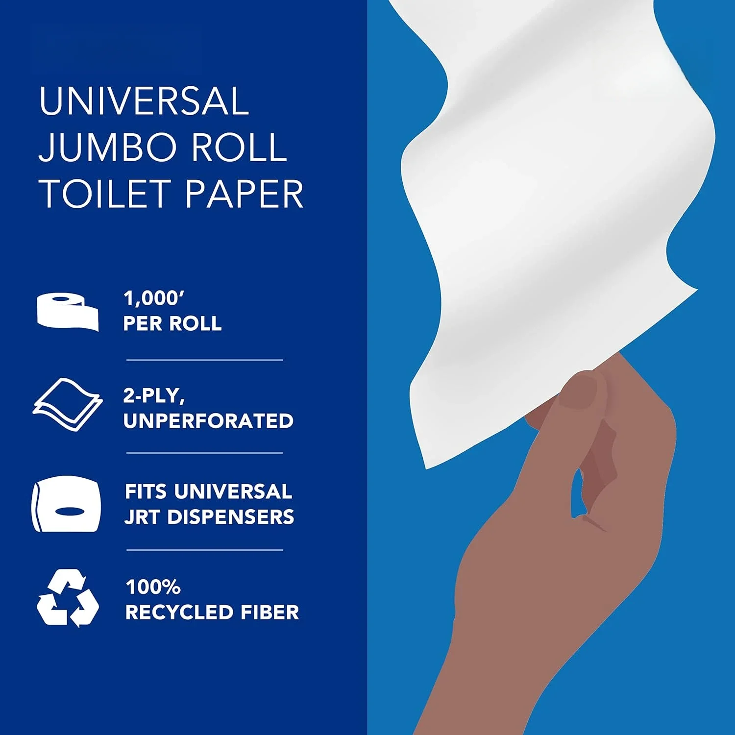 Recycled Fiber High-Capacity Jumbo Roll Bulk Toilet Paper,2-Ply, White (1,000'/Roll, 12 Rolls/Case, 12,000'/Case)