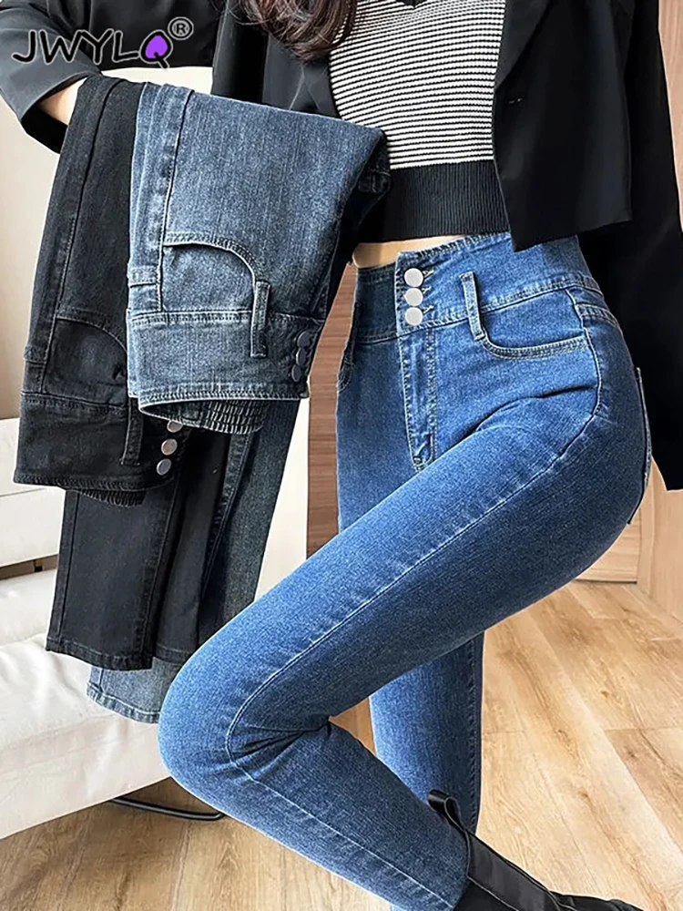 Korean Three Buttons Ankle-length Pencil Denim Pants Female Classic High Waist Skinny Stretch Womens Jeans Elegant Denim Pants autumn winter fashion pregnant women loose fitting trousers knitted buttons hem ankle length maternity woolen pants formal pants