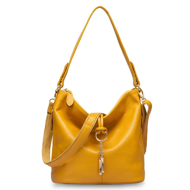 Zency Elegant Women Red Leather Handbag 100% Genuine Leather Lady Hobo Bag Charming Ring Medium Shoulder Bag Bright Yellow Bags 1