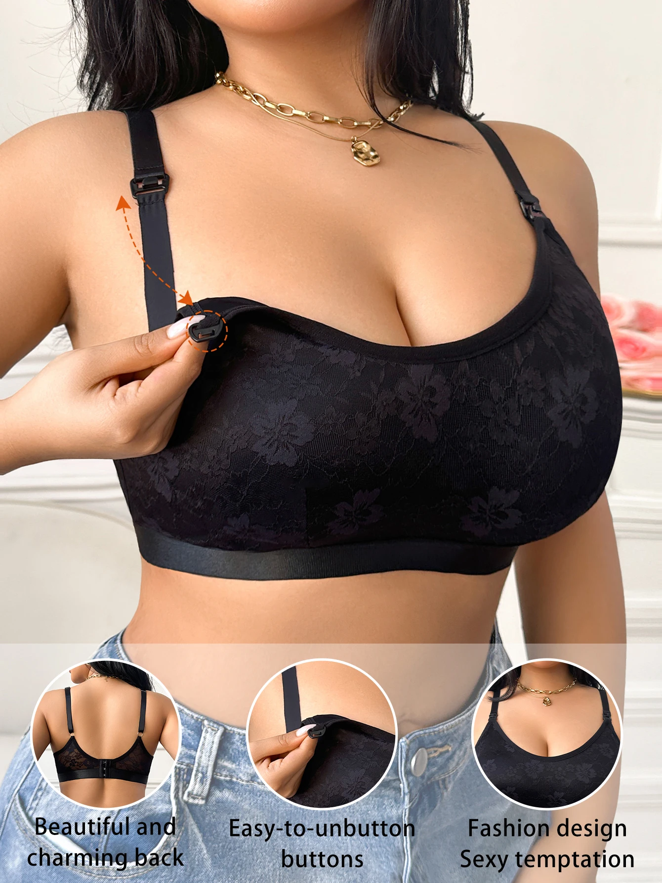 Plus Size 1XL-4XLBlack Comfortable Maternity Nursing Bra Sexy Lace Wireless Support Breastfeeding Bra with Easy Open Clasps 3