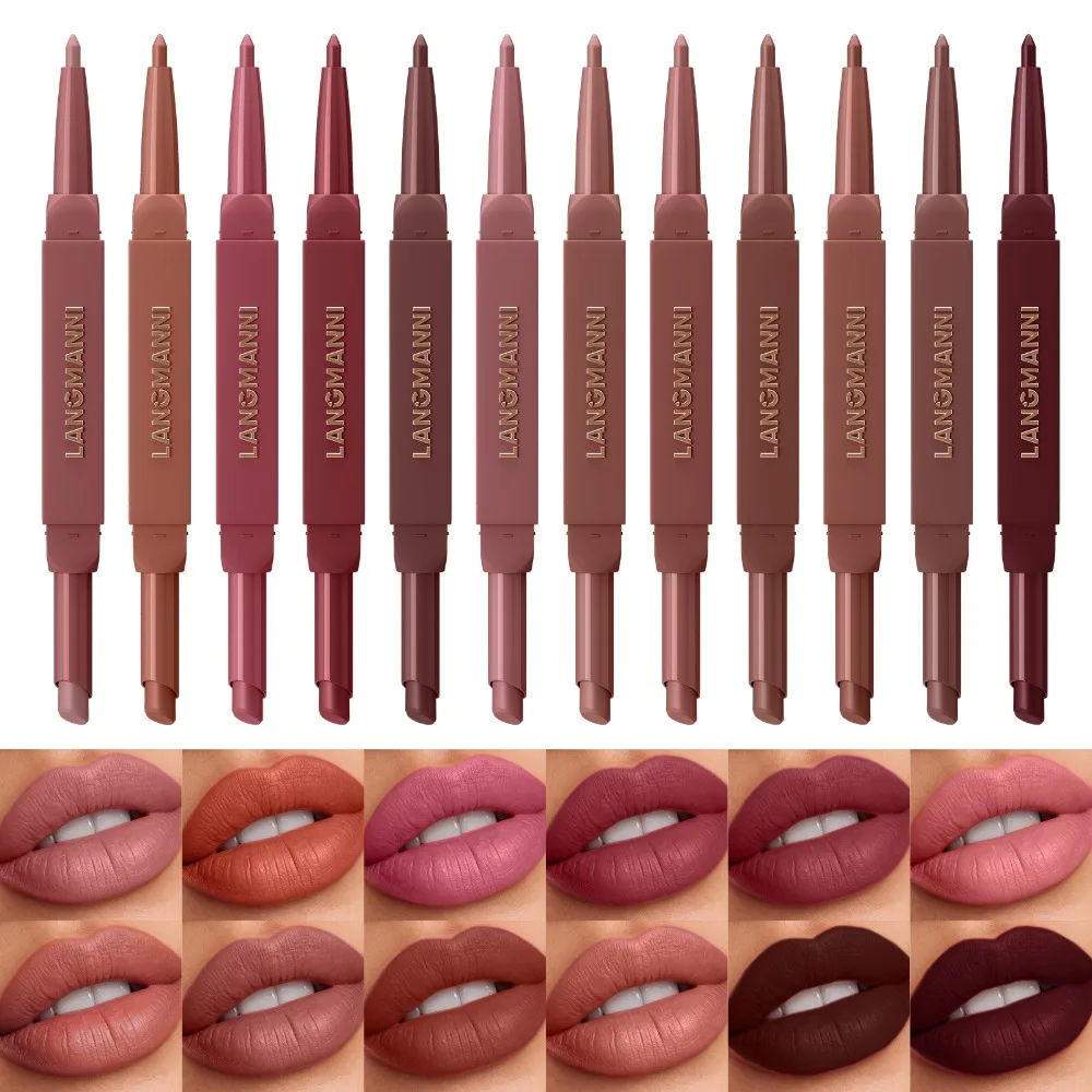 Double Ended Rose Nude Lip Liner Lipstick Velvet Matte High Pigment 12 Color Waterproof Long-lasting Daily Lips Makeup Cosmetics_voghion.com