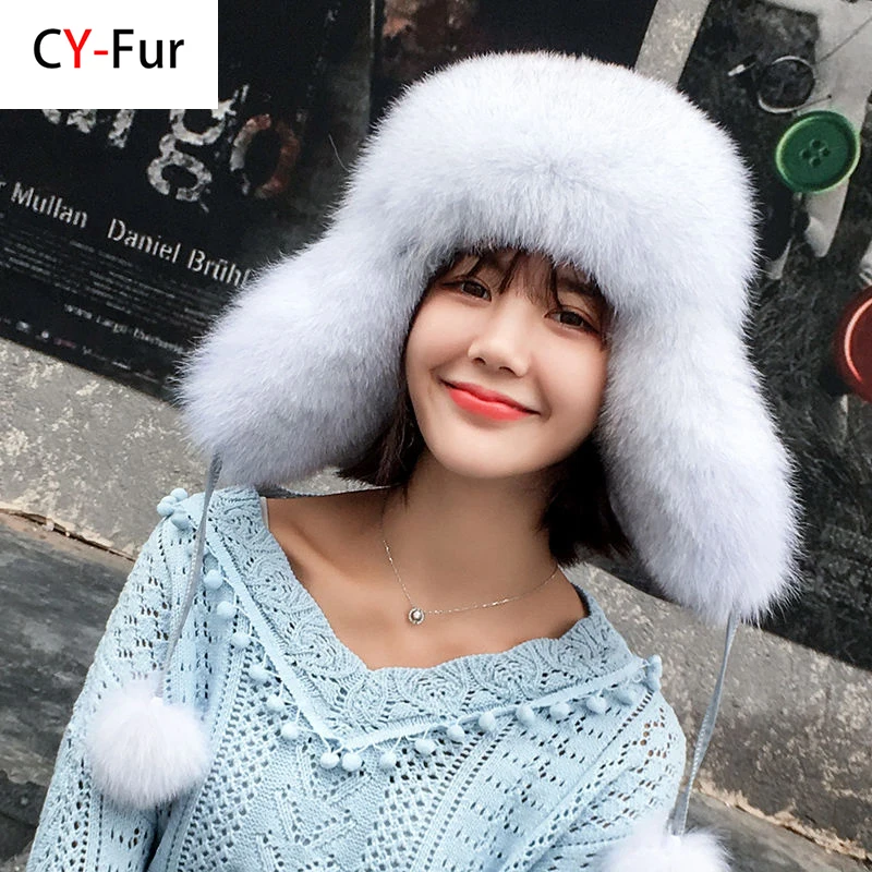

Women Natural Raccoon Fur Caps Ushanka Hats for Winter Thick Warm Ears Fashion Bomber Pom Pom Hat Lady Real Fox Fur Cap Pompon