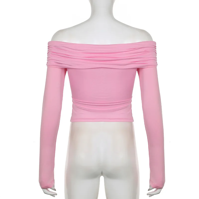 V-Neck Summer Patchwork T-shirt Cropped Top For Women Fashion Mesh Long Sleeve Sexy Off-Shoulder Female Y2k Top Tee 2025