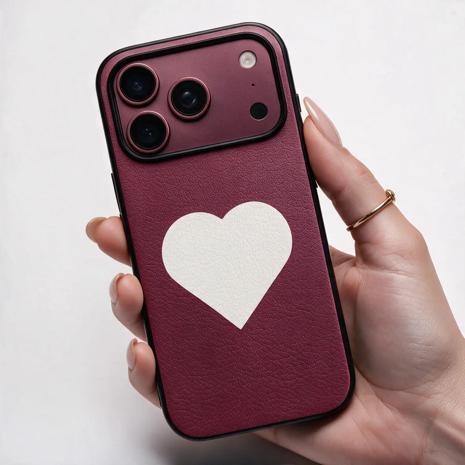 Luxury Burgundy Red Genuine Leather Shockproof Phone Case with Heart Pattern