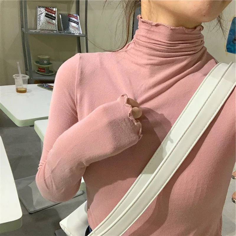 Spring Autumn Turtleneck T-shirt Women All-Match Top Shirt Soft Comfortable Inner Top Casual Long Sleeve T-shirt Office Wear 2
