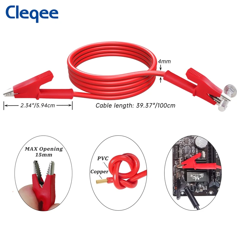 2PCS Dual Alligator Clip to Crocodile Clamp Multimeter Test Leads 1m/2m/3m Cables Line Red/Black Jumper Wire