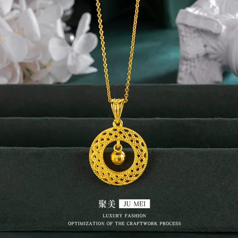 High quality 999 spiral bead safety buckle womens clavicle chain floral wire hollow round necklace 18K real gold jewelryGift
