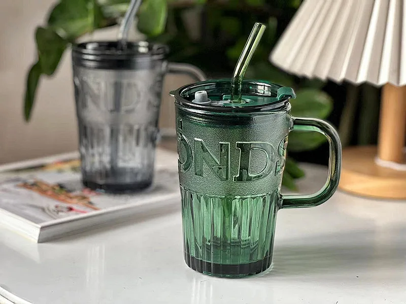 Straw With Glass Cup Coffee Cup With Handle Straw Cup Large Capacity Glass Cup With Cover 400Ml Glass Dinkware