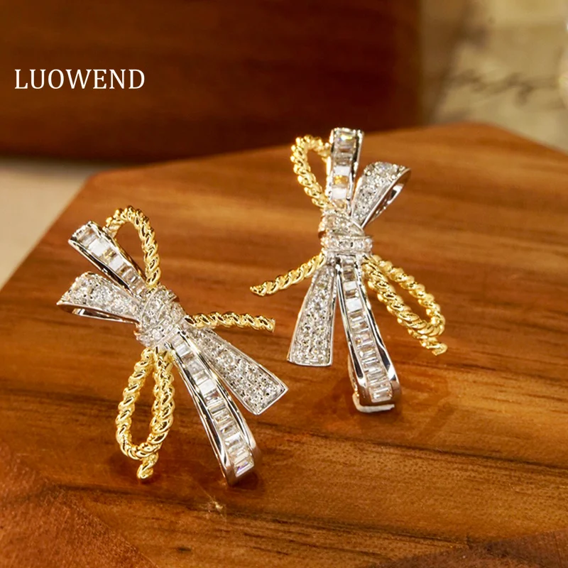 

Серьги-гвоздики LUOWEND из белого и желтого золота 18 карат, романтический дизайн с бантом, серьги-гвоздики с натуральным бриллиантом 0,70 карат для женщин
