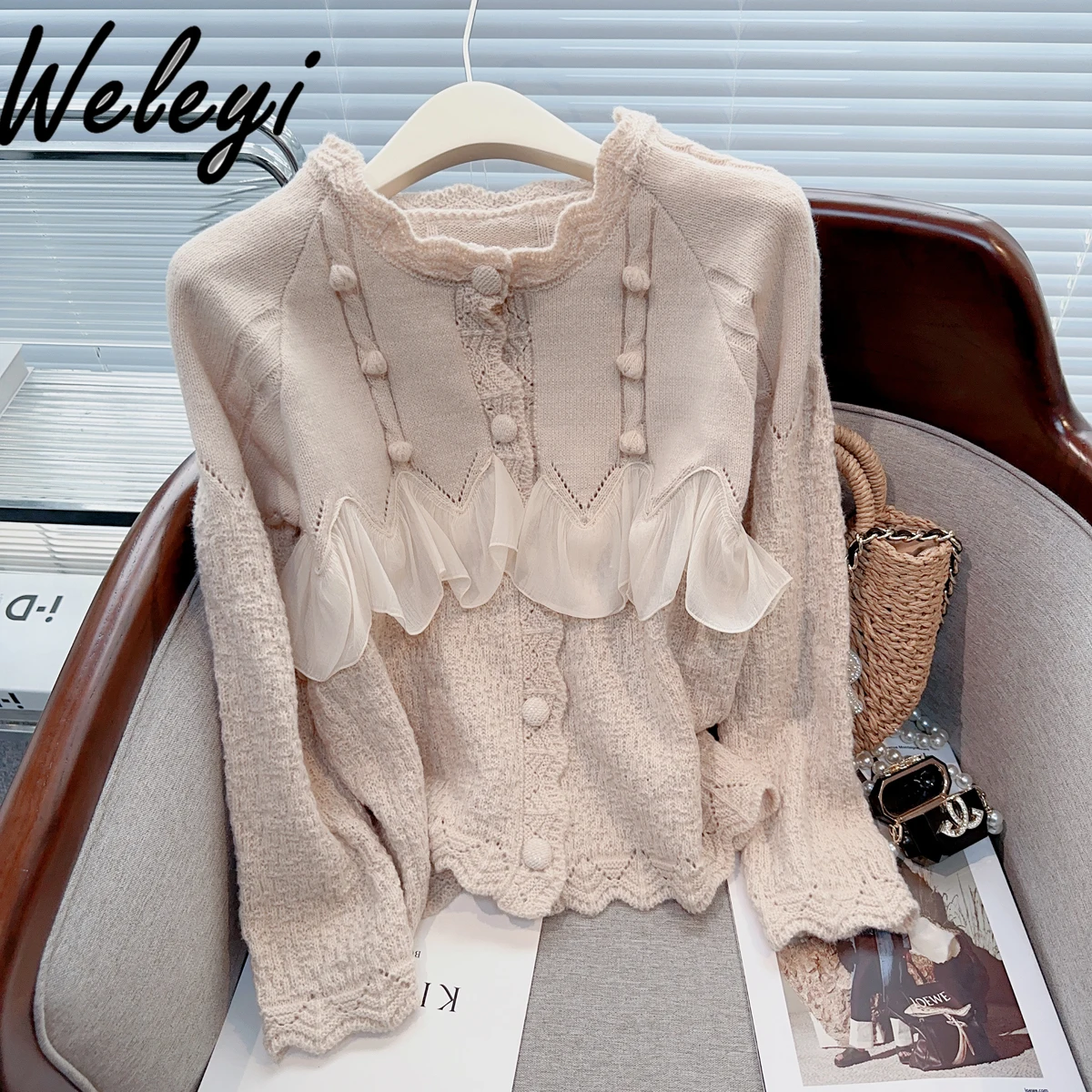 

Kawaii Sweater French Clothes for Women 2024 Spring Autumn Sweet All Matching Ruffled Crocheted Knitwear Chic Sweaters Coat Top