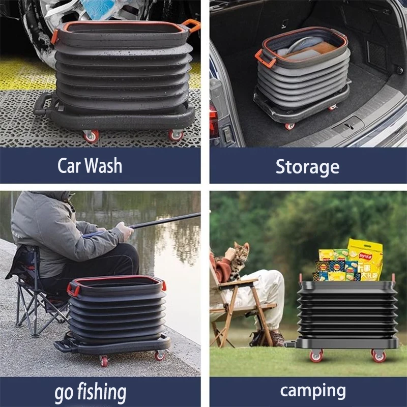 Foldable Car Bucket With Wheel Fishing Basket Versatile 37L Handcart Durable And Portable Extendable Aluminum Handle