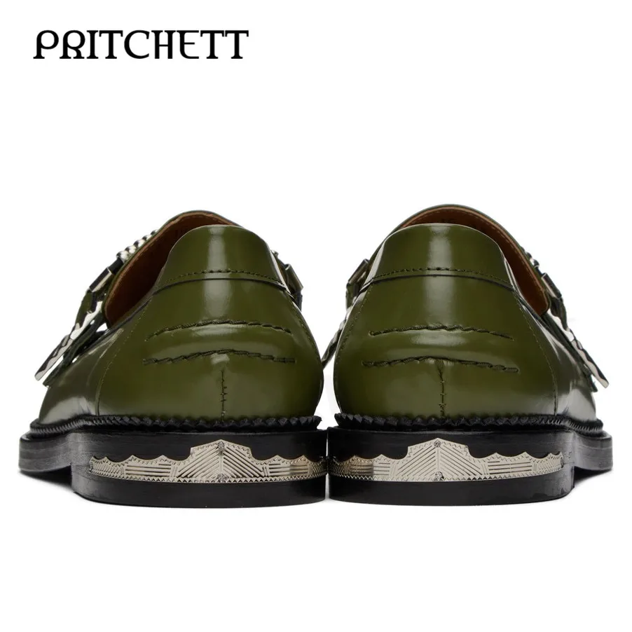 Slip-On Green Leather Loafers Fashionable Hardware Decoration Round Toe Casual Leather Shoes Large Size Comfortable Men's Shoes