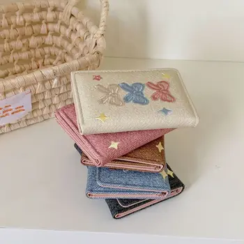 Portacarte Portatile con Fiocco Ricamato, Portamonete in Denim Ricamato, Portacarte in Pelle PU alla Moda per Uso Quotidiano