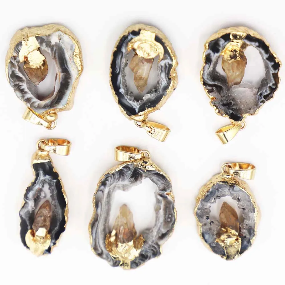 Free Delivery Natural Raw Stone Black Agate Follow Shape Striped Topaz Necklace Pendant Irregular Quartz Crystal Jewelry3Pcs/Lot