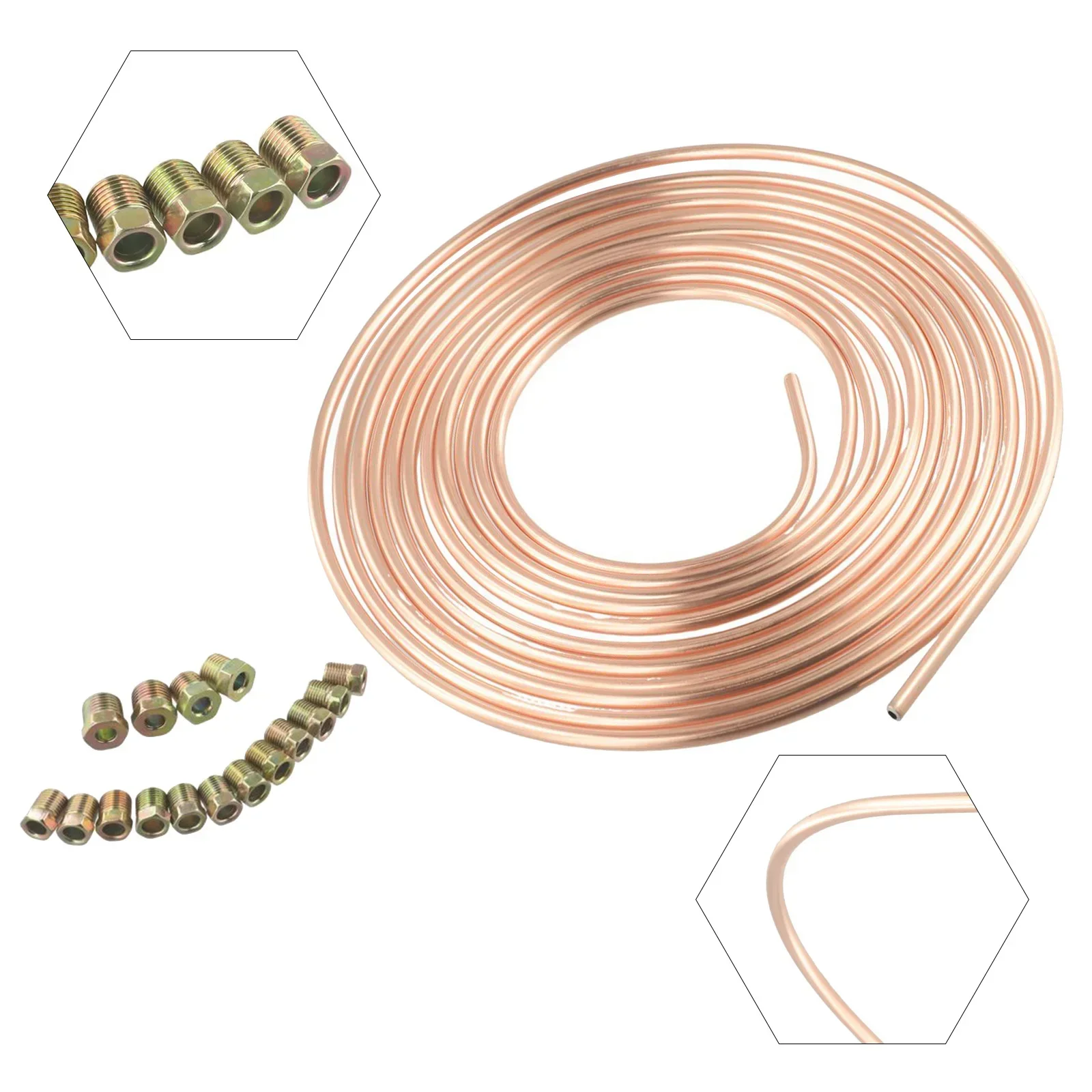 25ft 1/4 OD Steel Zinc Copper Nickel Brake Pipe Tube W/ Fittings 7.6 Meter Brake Line Tubing Coil Roll &Fittings