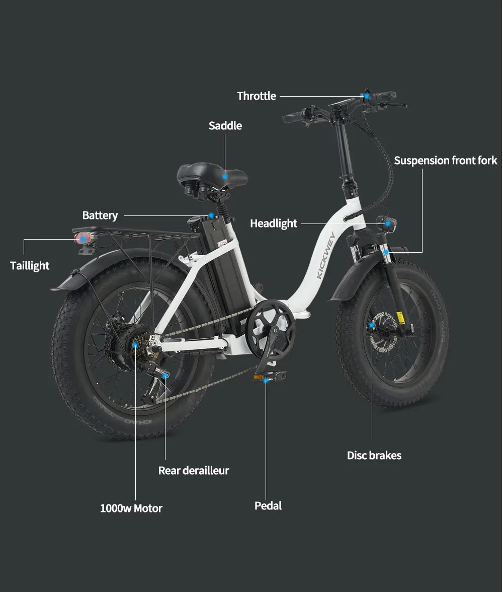KICKWEY L20 Electric Bicycle 1000W Fatbike Folding Ebike 20 Inch MTB Snow Bike with 20AH Battery 50KM/H Electric Bike electric bike electric bicycle