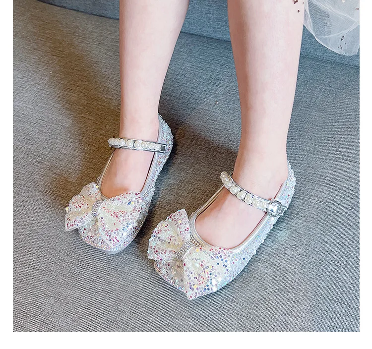 

2023 New Children Leather Shoes Rhinestone Bow Princess Girls Party Dance Shoes Baby Student Flats Kids Pearl Performance Shoes