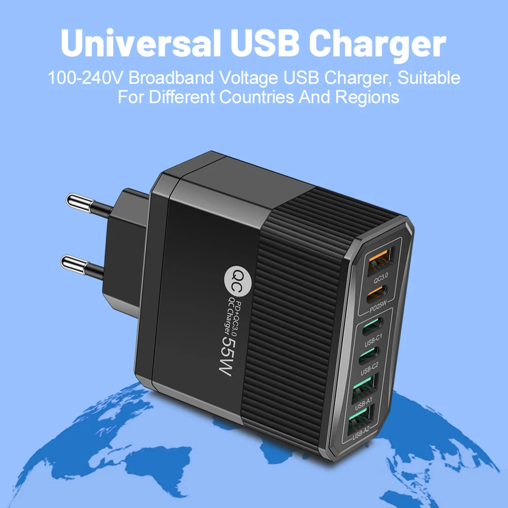 55W 6-Port PD USB C Charger Fast Charging QC3.0 Travel Charger For iPhone Samsung Huawei Xiaomi Phone Charger Plug Wall Adapter