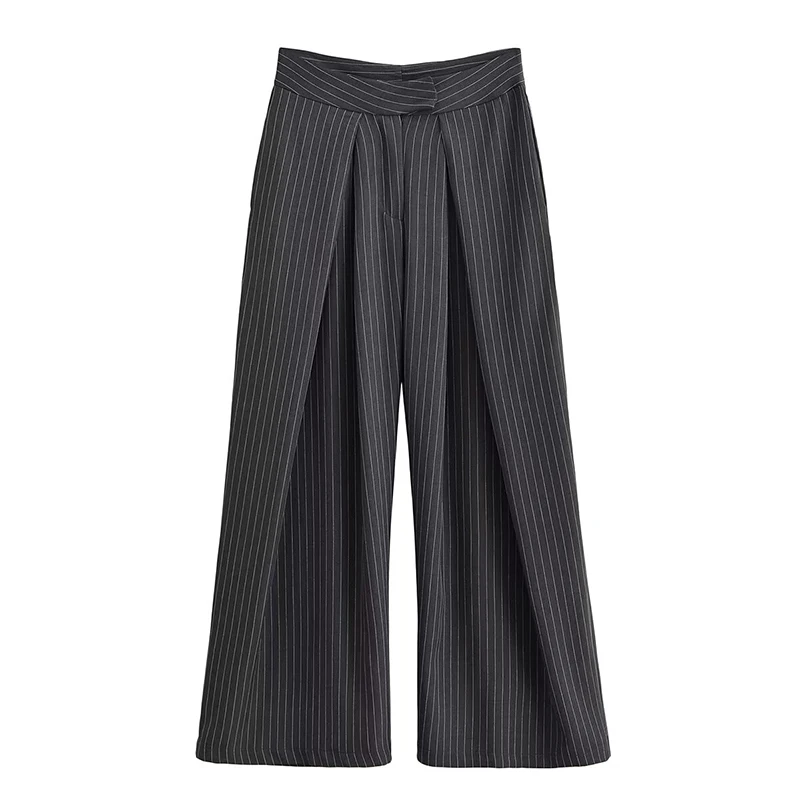 Fashion Stripe Pleated Wide Leg Pants For Women Elegant Pockets High Waist Long Trousers 2025 Autumn Lady High Street Chic Pants