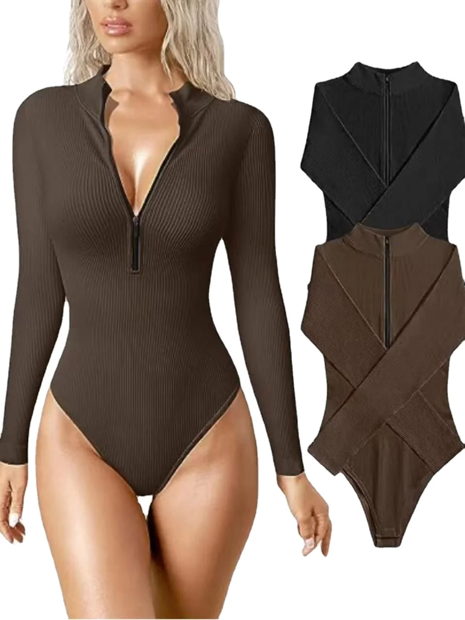 Women's Sport Jumpsuit Ribbed Tight Body Suits Sexy Outfit Fitness Workout Yoga Long Sleeve Bodysuit Zipper One Piece Bodysuit women jumpsuit solid color skinny playsuit women long sleeve sheer patchwork waist tight belt overall for party robe