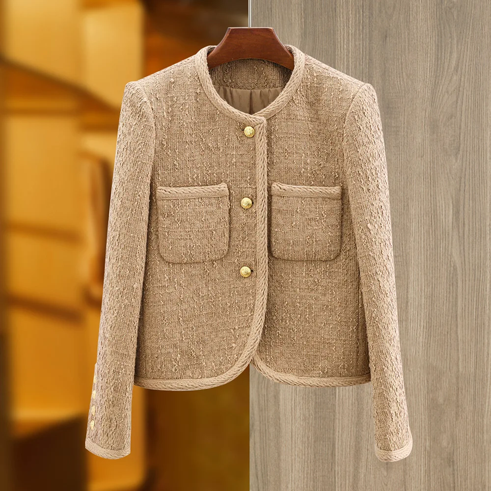 

Autumn and Winter High Quality Small Round Neck Woolen Slim Coat Pocket Button Internet Celebrity Style Top Trendy Woolen Jacket