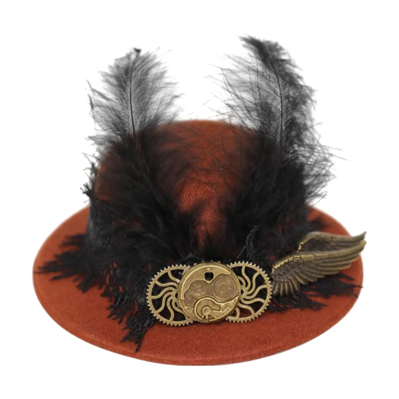 Steampunk Hair Clip Fedoras with Feather and Wing Funky Headgear Felt Top Hat Gothic Hat for Carnival Cosplay Halloween Women